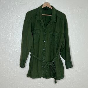 Tahari Women's Green Linen Utility Shacket Tie Waist Jacket Size Small